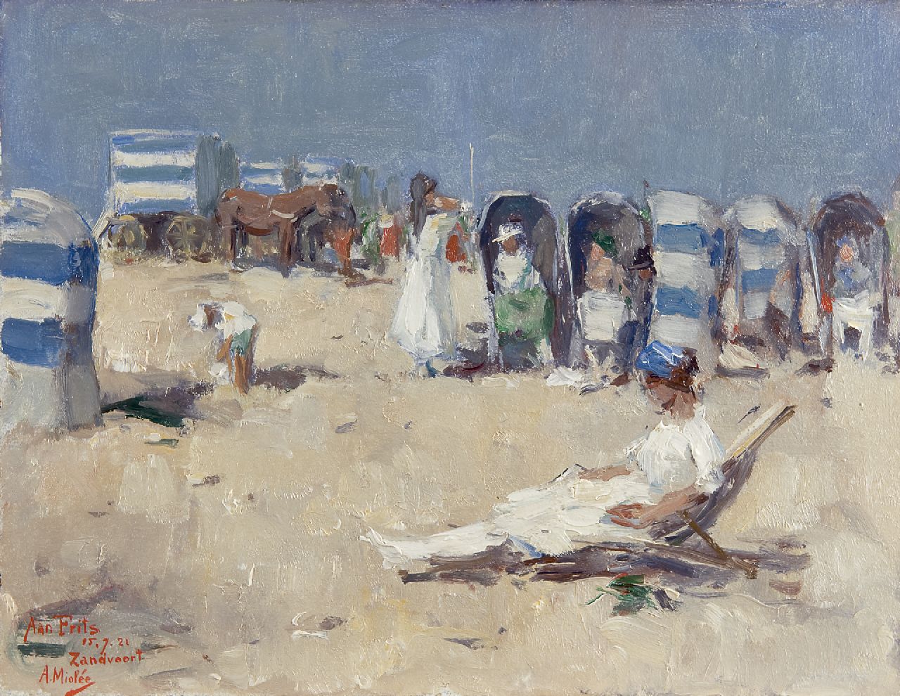 Miolée A.  | Adrianus 'Adriaan' Miolée, A day at the beach, Zandvoort, oil on board 26.8 x 34.8 cm, signed l.l. and dated 15.7.21