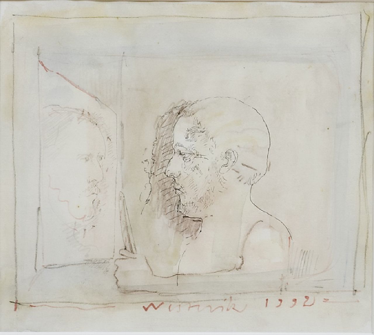 Westerik J.  | Jacobus 'Co' Westerik | Watercolours and drawings offered for sale | Man with knife and mirror-reflection, watercolour, blackchalk and ink on Japanese paper 19.0 x 21.0 cm, signed l.c. and dated 1992