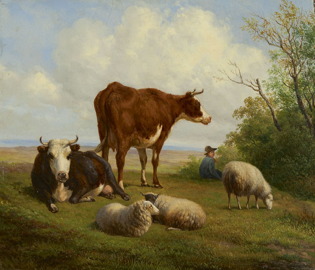 Sande Bakhuyzen H. van de | Hendrikus van de Sande Bakhuyzen, A summer landscape with cowherd and cattle, oil on panel 26.2 x 30.1 cm