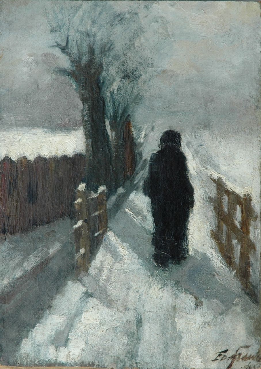 Frankfort E.  | Eduard Frankfort, Figure in the snow, oil on canvas laid down on panel 39.7 x 28.4 cm, signed l.r.