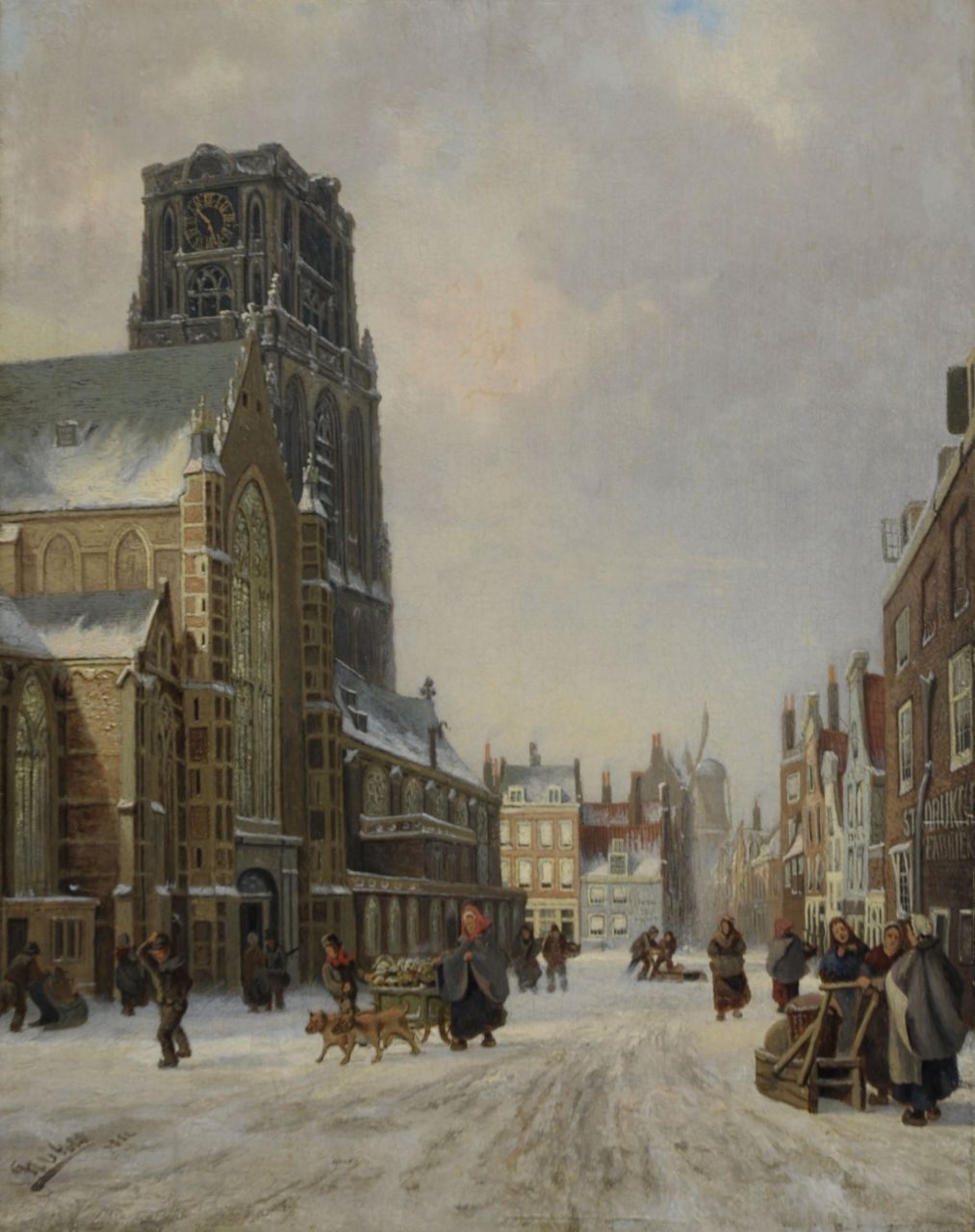 Gulik F.L. van | Franciscus Lodewijk van Gulik, A snowy view of Rotterdam with the Sint-Laurens church and windmill De Noord, oil on panel 40.5 x 32.4 cm, signed l.l. and dated 1882