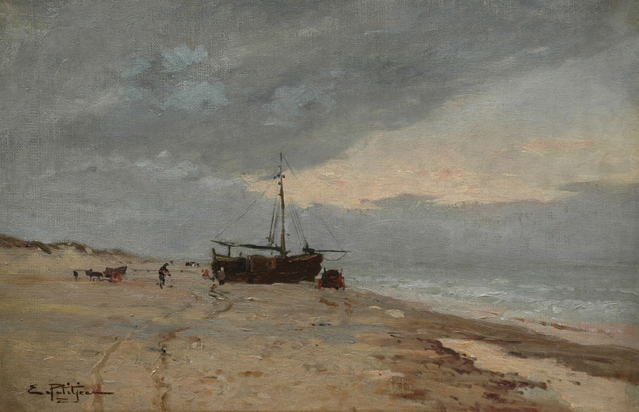 Petitjean E.M.  | Edmond Marie Petitjean, Fishing boats on a Dutch beach at sunset, oil on canvas 31.0 x 47.0 cm, signed l.l.