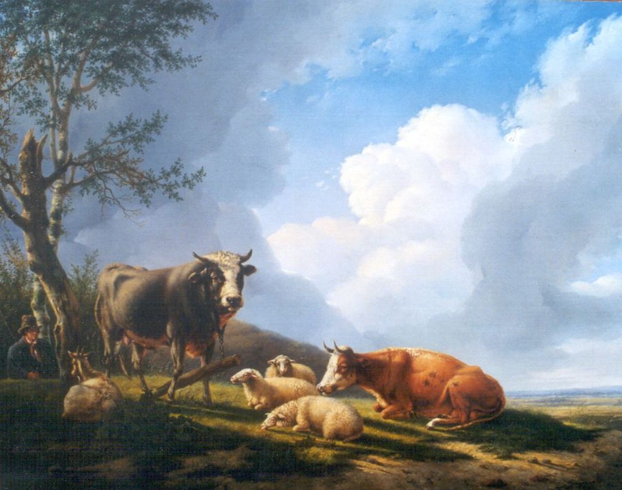 Hagenbeek Ch.  | Charles Hagenbeek, Cows and sheep resting in a summer landscape, oil on canvas 89.2 x 118.7 cm, signed with monogram on bull and tree trunk