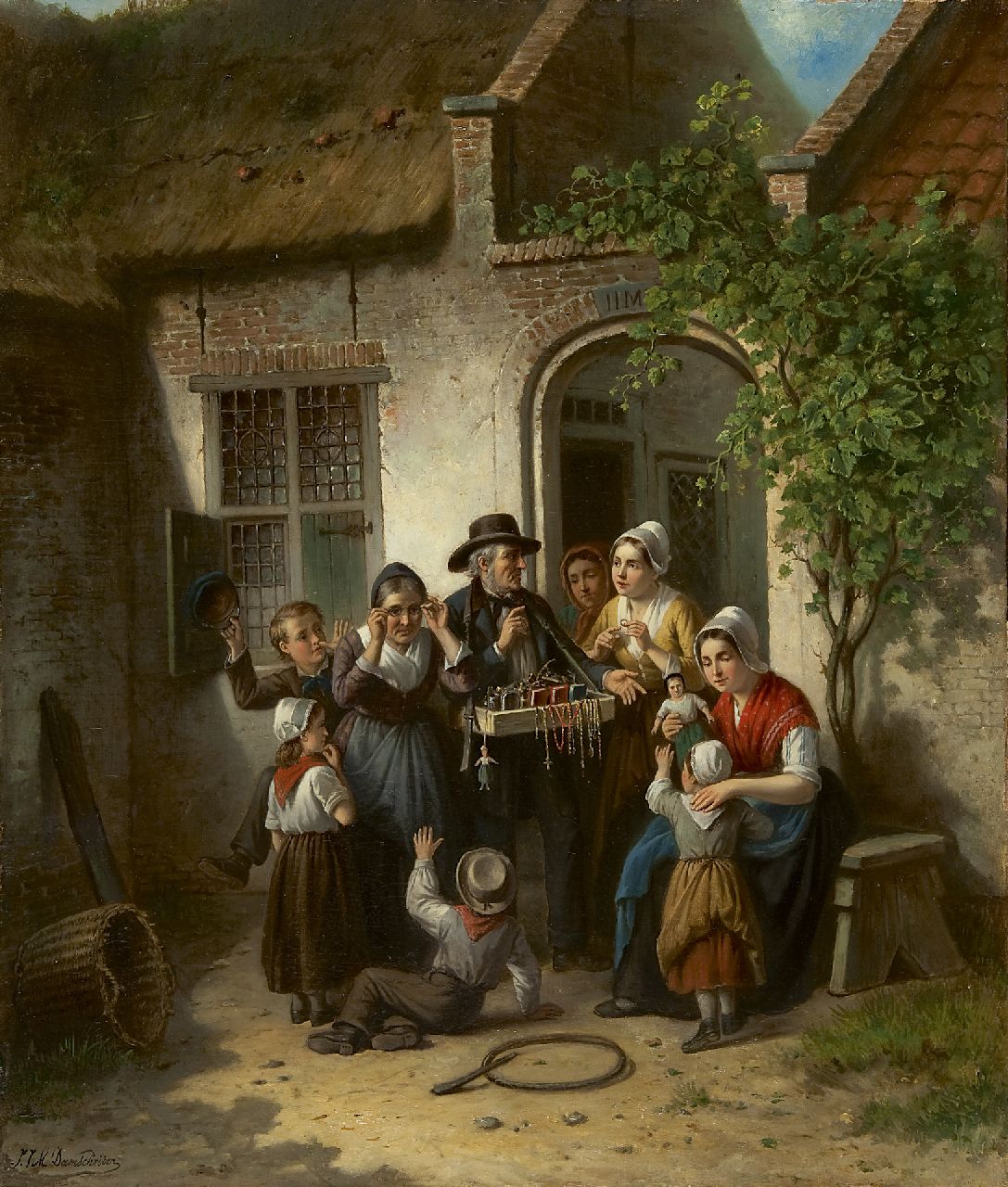 Damschreuder J.J.M.  | Jan Jacobus Matthijs Damschreuder, The peddler, oil on canvas laid down on board 73.7 x 62.8 cm, signed l.l. and on a label on the stretcher and dated 1873 on a label on the stretcher