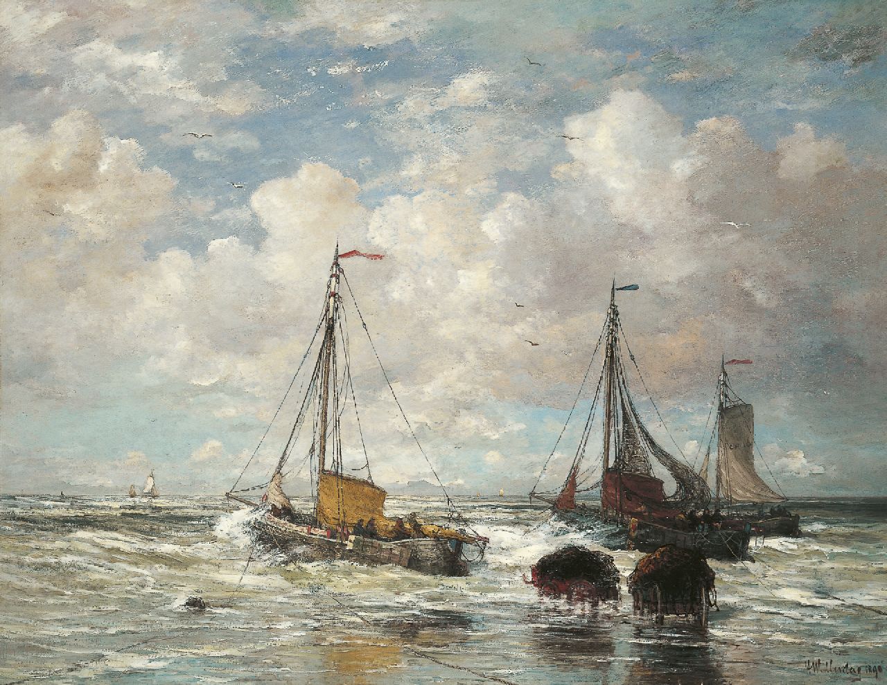 Mesdag H.W.  | Hendrik Willem Mesdag, The departure of the fleet, Scheveningen, oil on canvas 138.7 x 178.6 cm, signed l.r. and dated 1890
