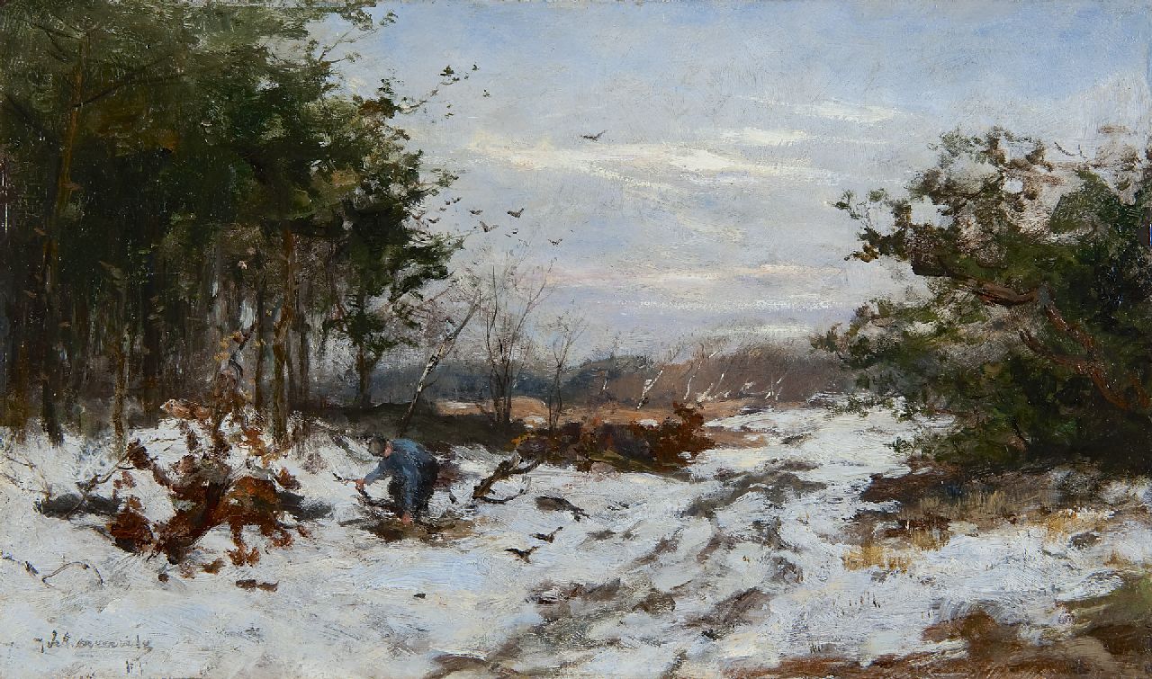 Scherrewitz J.F.C.  | Johan Frederik Cornelis Scherrewitz, Gathering wood in a snowy landscape, oil on panel 24.9 x 42.0 cm, signed l.l.