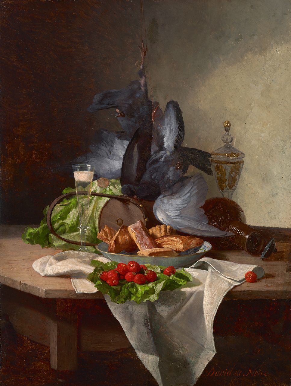 Noter D.E.J. de | 'David' Emile Joseph de Noter | Paintings offered for sale | A still life with vegetables, pie and game, oil on panel 30.4 x 22.8 cm, signed l.r.