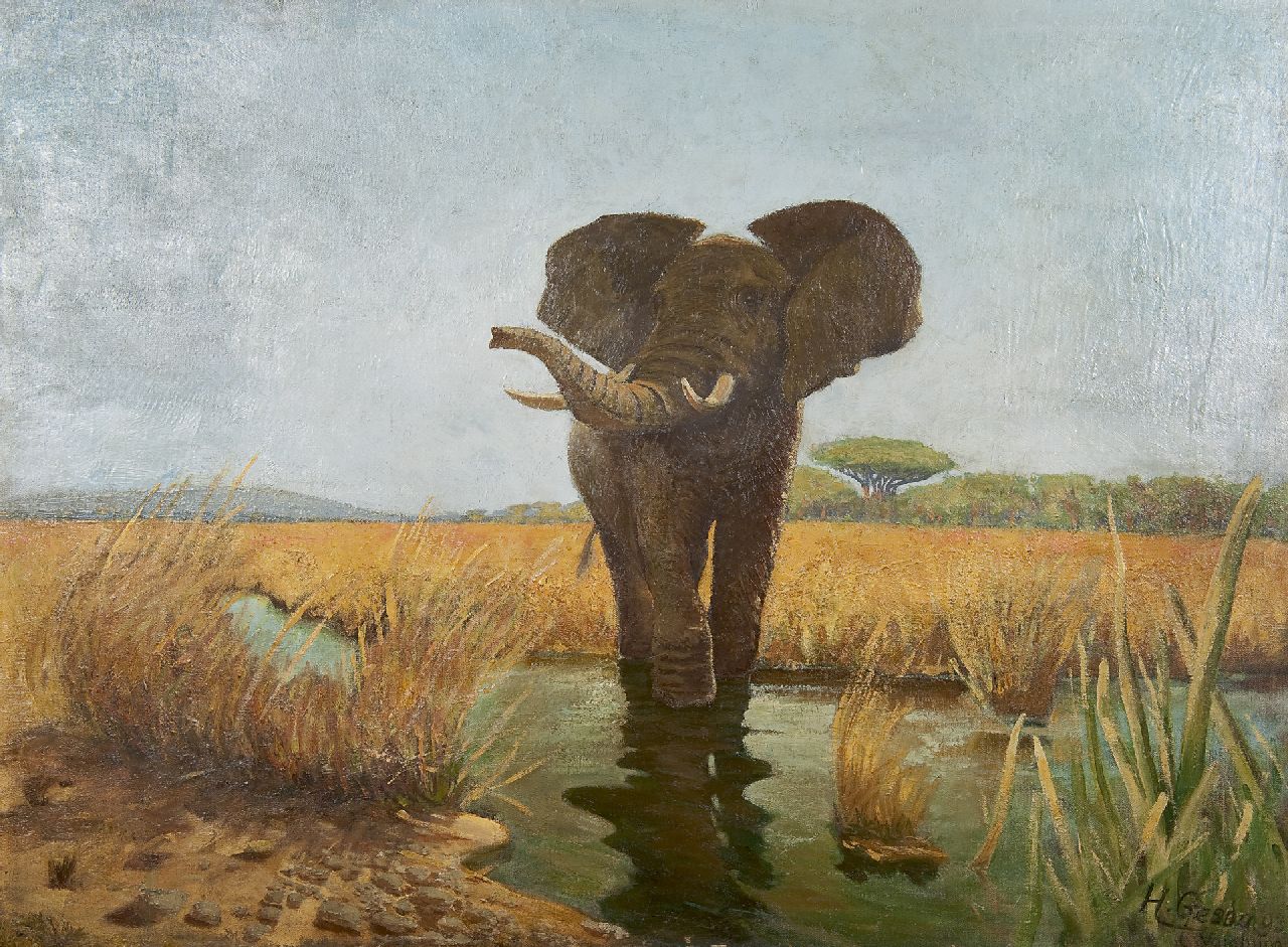Gezda H.  | H. Gezda, A wading elephant, oil on canvas 70.6 x 93.0 cm, signed l.r. and dated '93  [1893]