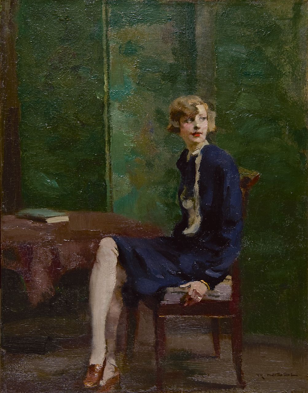 Nissl R.  | Rudolf Nissl, A young woman, seated  'blondes Mädchen', oil on canvas 45.4 x 35.3 cm, signed l.r.