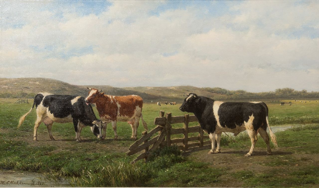 Nakken W.K.  | Willem Karel 'W.C.' Nakken, Cows and a bull near a fence, oil on canvas 42.4 x 72.5 cm, signed l.l. and dated 1885