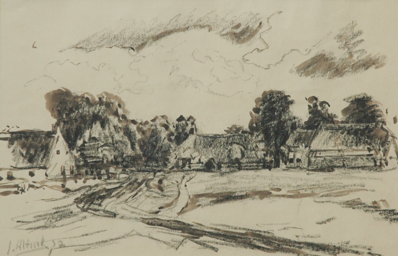 Altink J.  | Jan Altink, Farms in a landscape, black chalk and washed ink on paper 31.8 x 48.7 cm, signed l.l. and dated '32