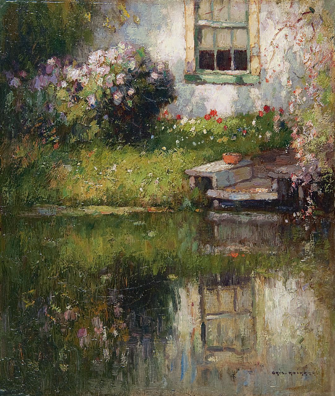 Knikker A.  | Aris Knikker, A sunny terrace near the water, oil on canvas 32.5 x 27.4 cm, signed l.r.