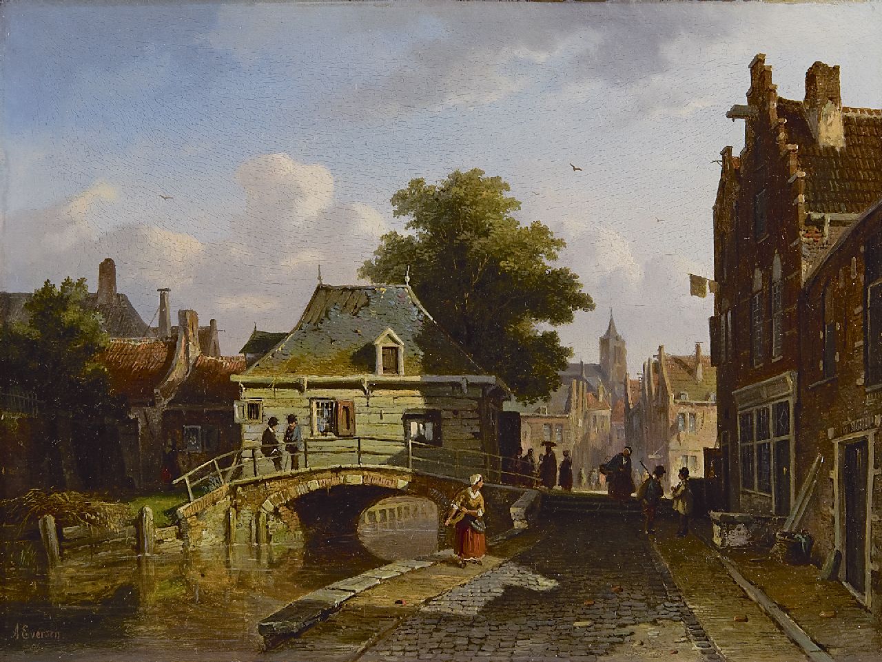 Eversen A.  | Adrianus Eversen, A view of a Dutch town, oil on panel 25.2 x 33.5 cm, signed l.l. and dated '56