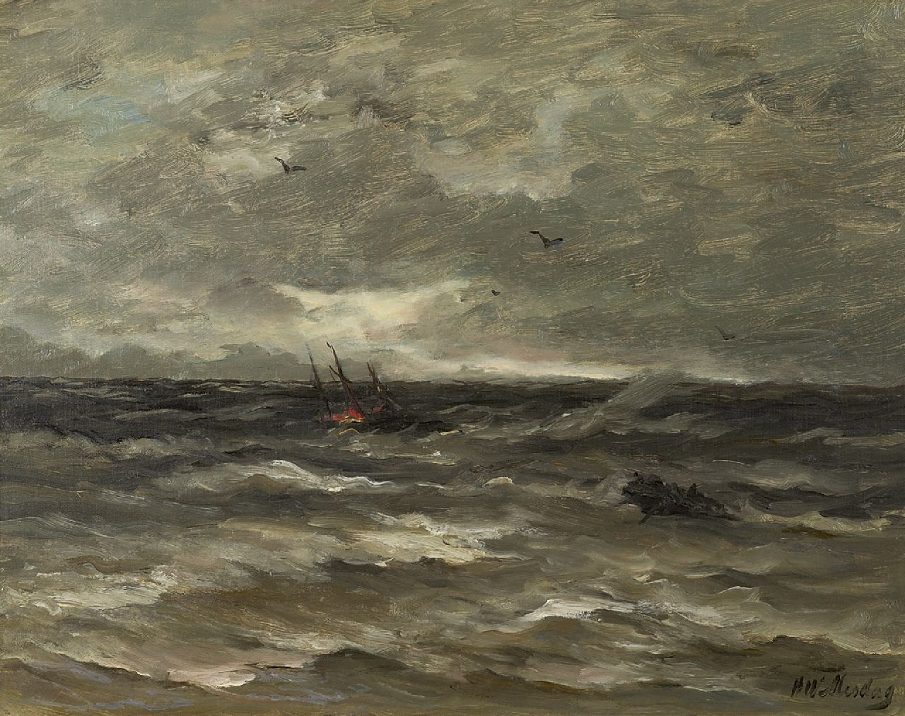 Mesdag H.W.  | Hendrik Willem Mesdag, A ship burning at sea, oil on canvas 40.0 x 50.0 cm, signed l.r.