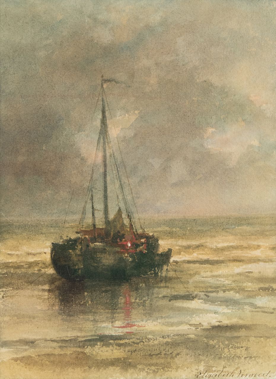 Elisabeth Verwoert | Moored fishing boat near the beach, watercolour on paper, 29.8 x 22.2 cm, signed l.r.