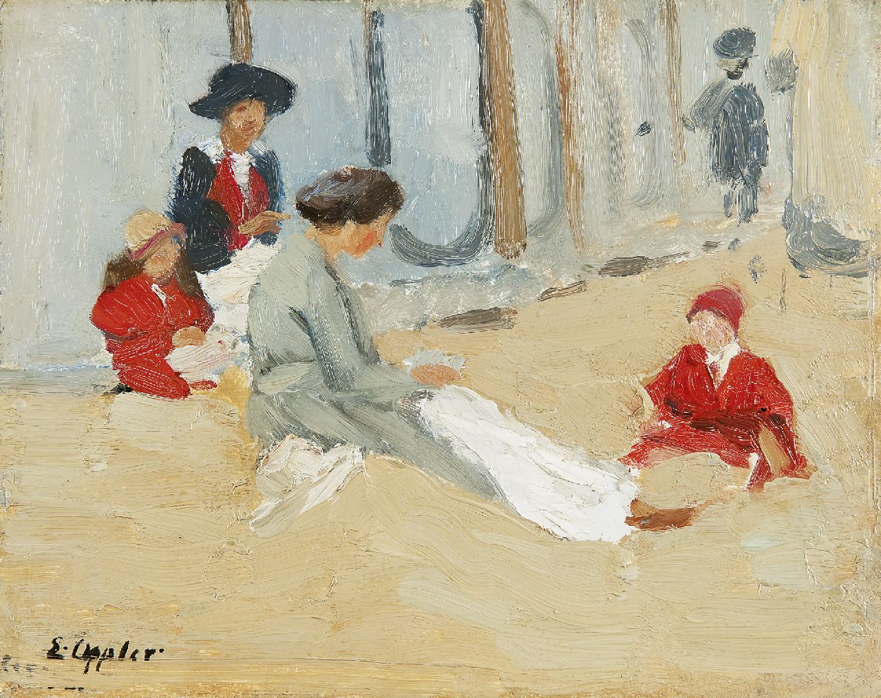 Oppler E.  | Ernst Oppler, Women and childeren on the beach at Dieppe, oil on panel 23.5 x 29.3 cm, signed l.l. and painted ca. 1910-1912