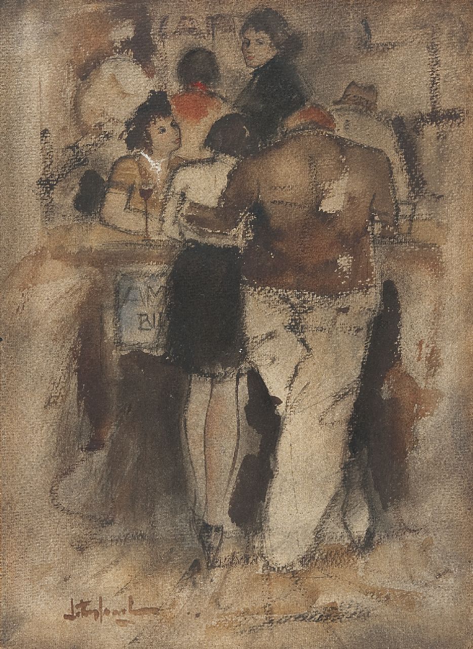 Rijlaarsdam J.  | Jan Rijlaarsdam, At the bar, chalk and watercolour on paper 36.8 x 27.0 cm, signed l.l.