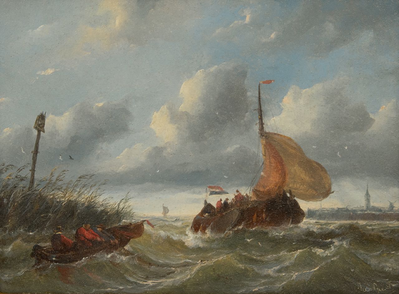 Beest A. van | Albertus van Beest | Paintings offered for sale | Ship entering a harbour in choppy weather, oil on panel 23.5 x 33.6 cm, signed l.r.