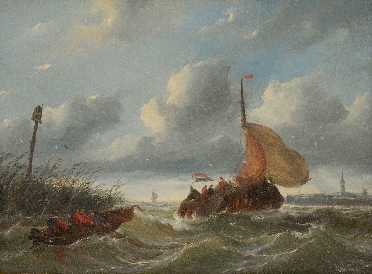 Beest A. van | Albertus van Beest | Paintings offered for sale | A boyer entering a harbour in choppy weather, oil on panel 23.5 x 33.6 cm, signed l.r.