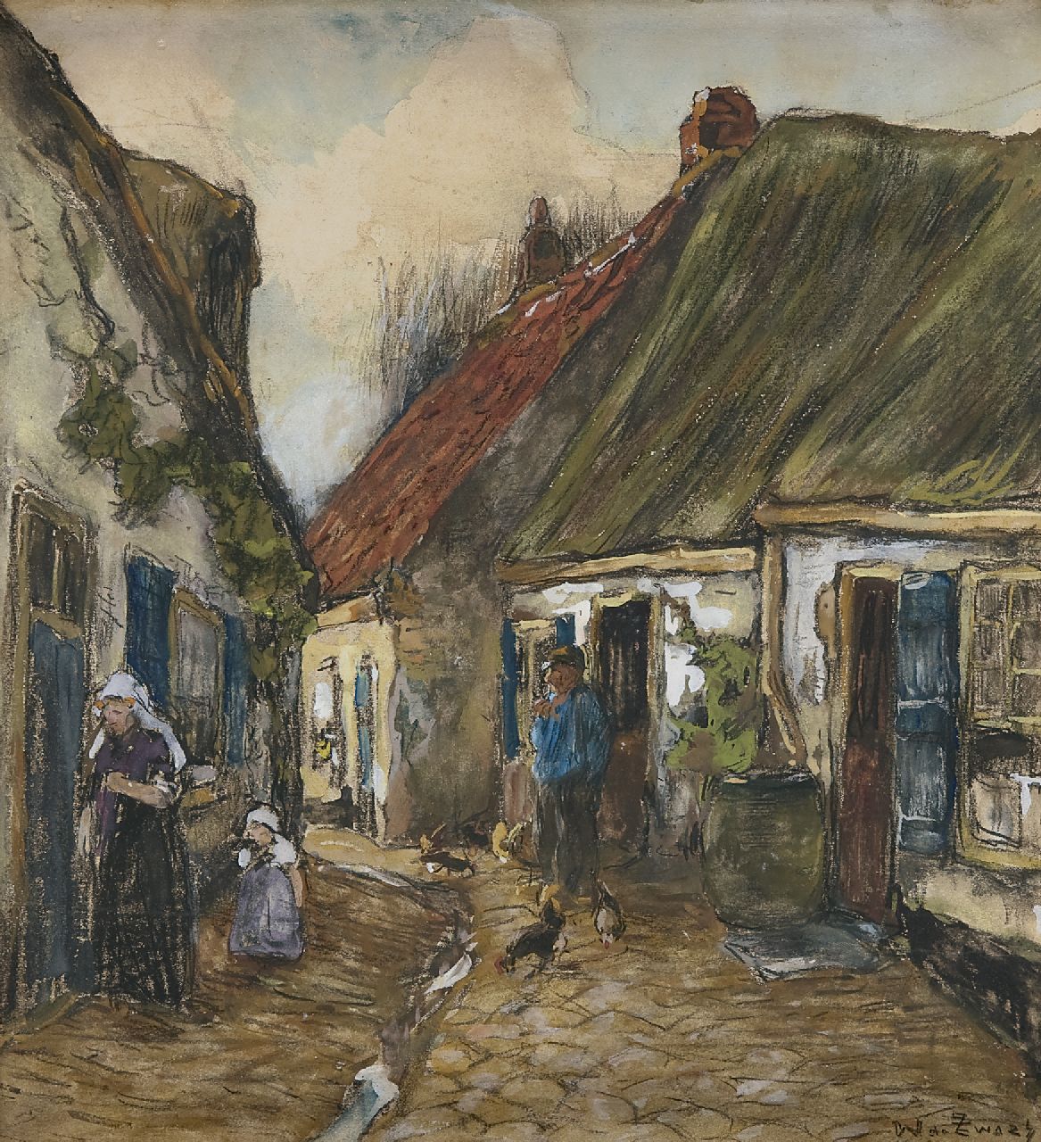 Zwart W.H.P.J. de | Wilhelmus Hendrikus Petrus Johannes 'Willem' de Zwart, A village street, charcoal, watercolour and gouache on paper 28.0 x 30.6 cm, signed l.r.