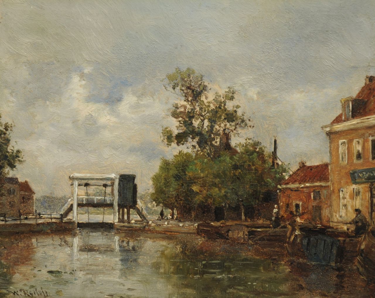 Roelofs W.  | Willem Roelofs, Moored vessels in Leidschendam, oil on panel 15.3 x 18.6 cm, signed l.l.