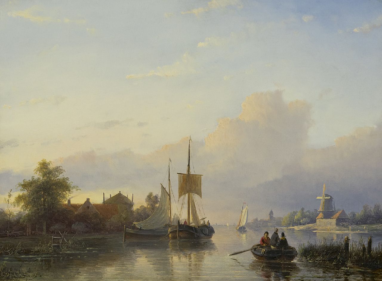 Spohler J.J.  | Jan Jacob Spohler, A river landscape with sailing vessels and a rowing boat, oil on panel 32.5 x 43.7 cm, signed l.l.