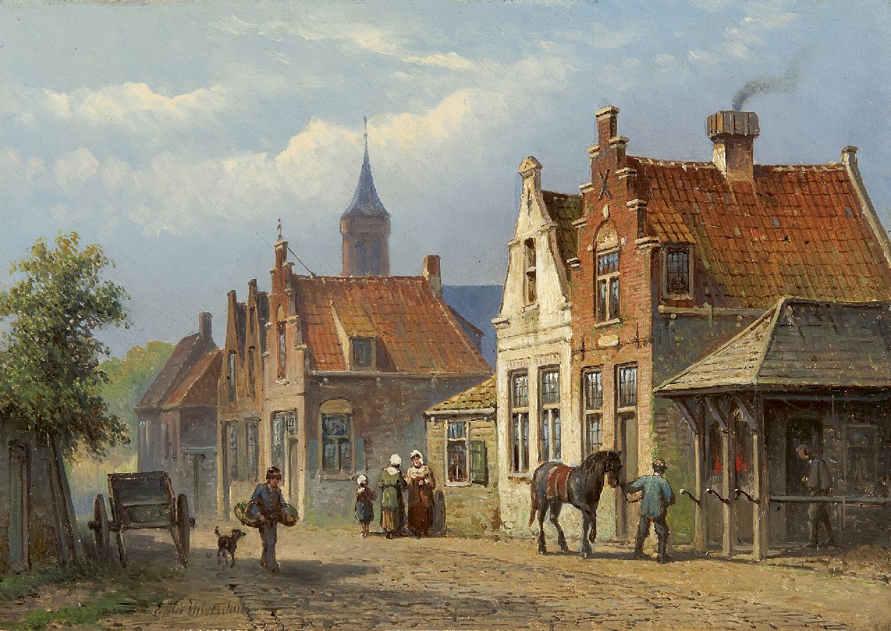 Hilverdink E.A.  | Eduard Alexander Hilverdink, Daily activities in a sunlit street, oil on panel 22.8 x 32.0 cm, signed l.l.