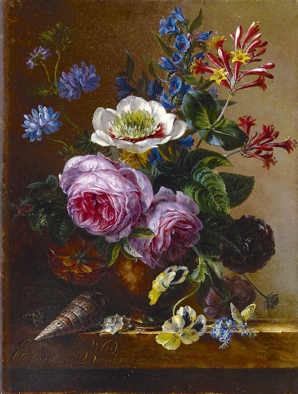 Koning E.J.  | Elisabeth Johanna Koning, An exuberant flower still life on a marble ledge, oil on panel 35.1 x 26.7 cm, signed l.l. and dated 1841