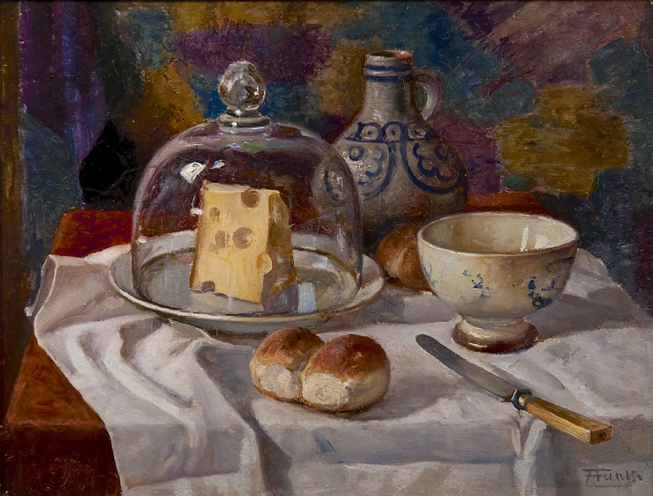 Funke (eig. Funke Küpper) B.A.  | Bernhard 'Anton' Funke (eig. Funke Küpper), A still life with a cheese cover, a bowl and rolls, oil on paper laid down on panel 18.6 x 24.3 cm, signed l.r.
