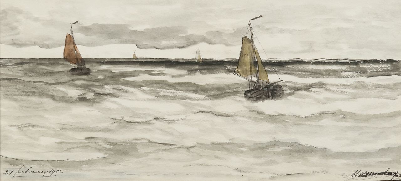 Mesdag H.W.  | Hendrik Willem Mesdag, Ships returning from sea, pen and ink and watercolour on paper 20.6 x 43.2 cm, signed l.r. and dated 21 februarij 1902