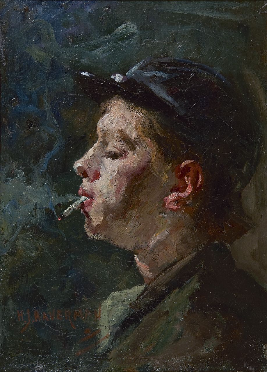 Haverman H.J.  | Hendrik Johannes Haverman, A boy, smoking, oil on canvas 35.3 x 25.7 cm, signed l.l.