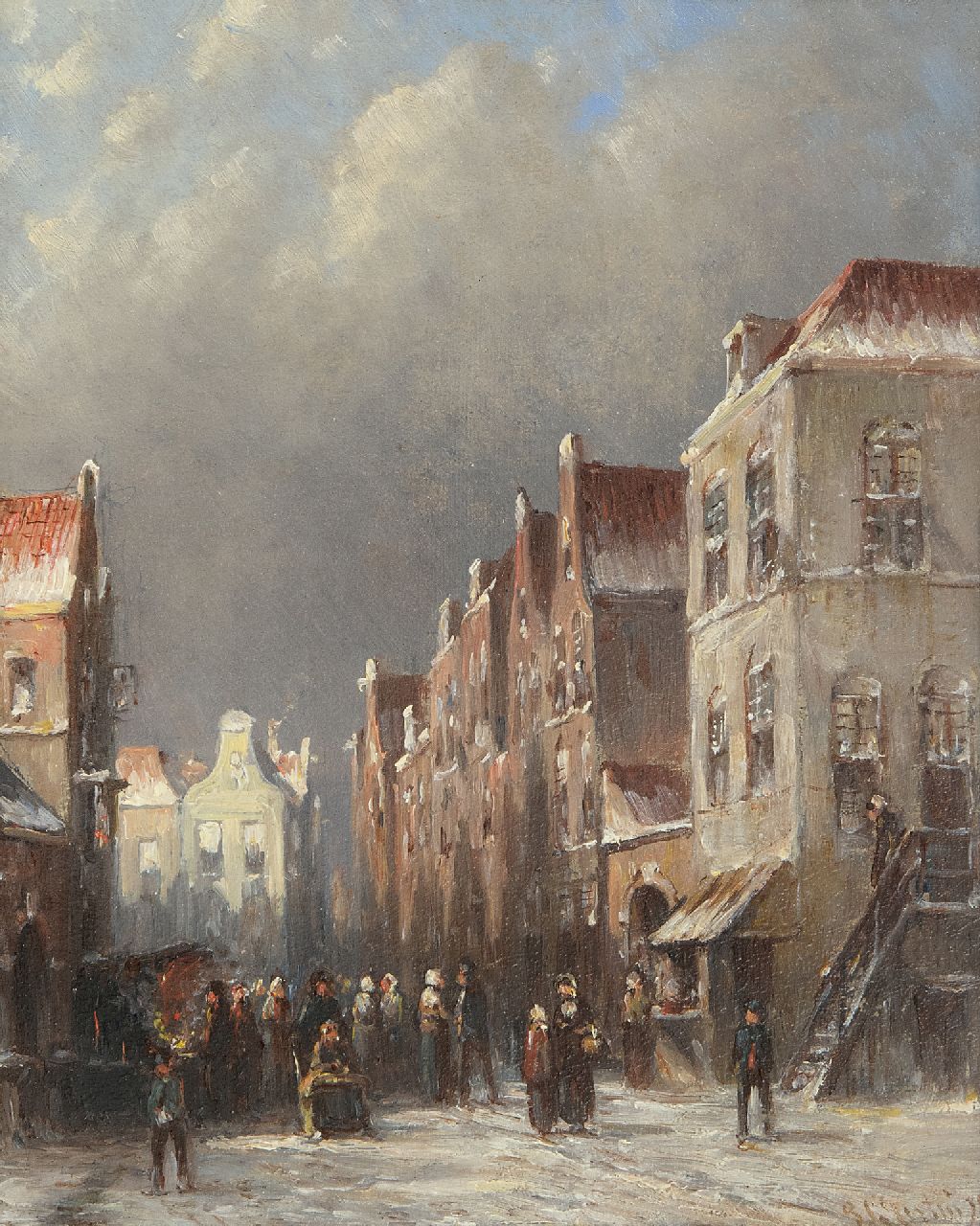 Vertin P.G.  | Petrus Gerardus Vertin | Paintings offered for sale | A busy streetview in winter with figures by a stall, oil on panel 22.1 x 17.7 cm, signed l.r. and dated '92