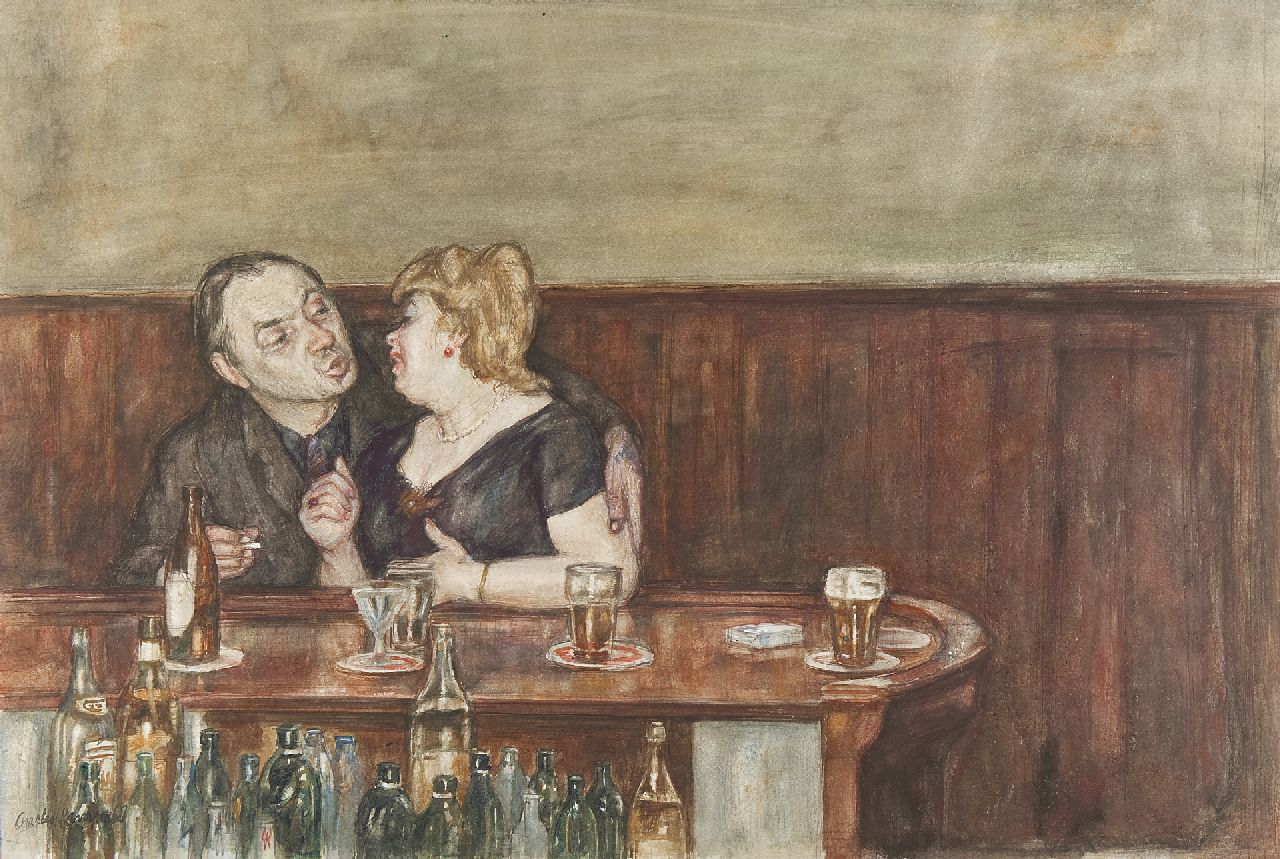 Kemper C.J.  | Charles Jean Kemper | Watercolours and drawings offered for sale | The artist Jan Burgerhout with lover in a café, watercolour on paper 49.6 x 74.2 cm, signed l.l. and dated '68