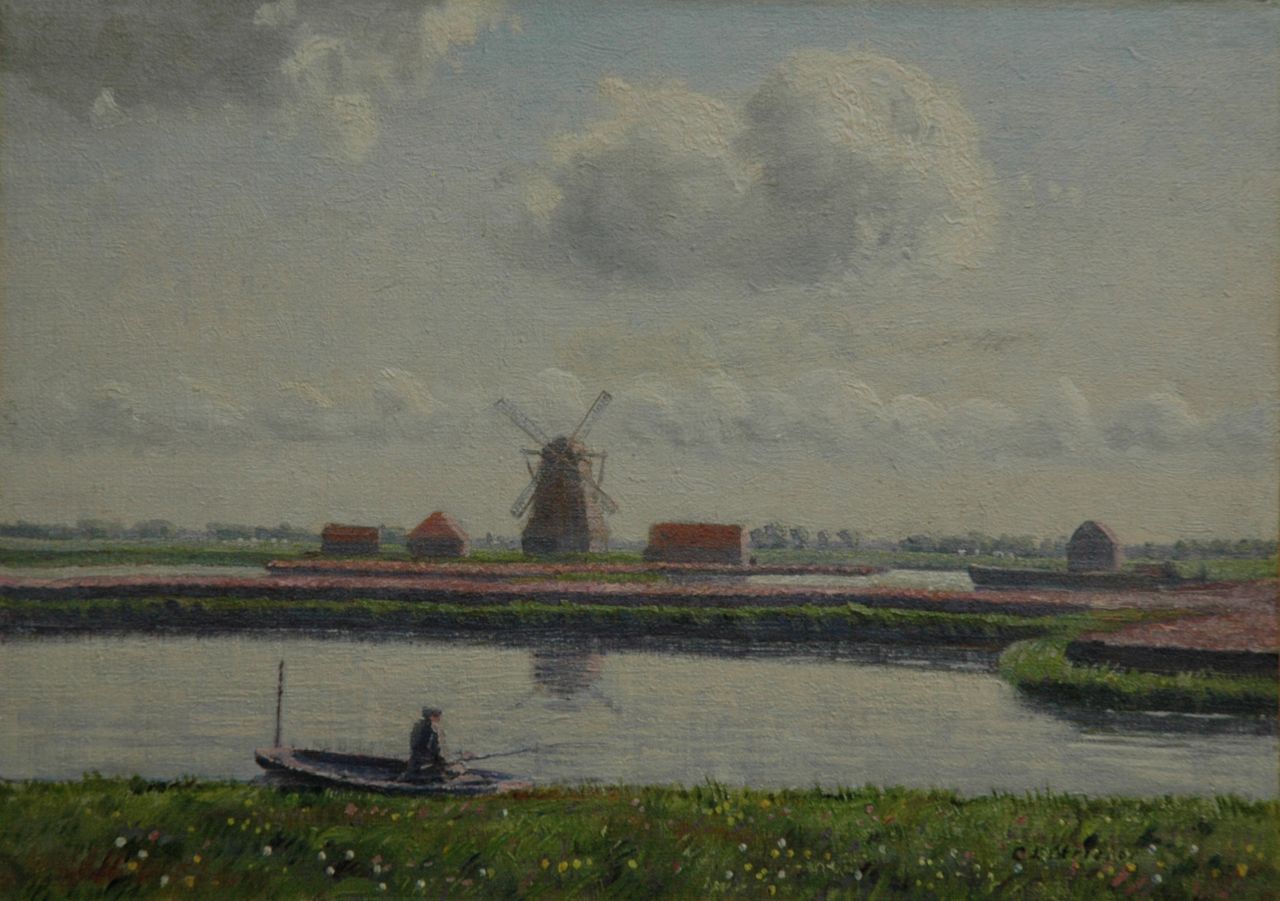 Stricker C.L.  | Charles Ludwig Stricker, Landscape near Nieuwer-Amstel, with the 'Koenenmolen' and bulbfields, oil on canvas laid down on board 24.5 x 34.5 cm, signed l.r. and painted in May 1918