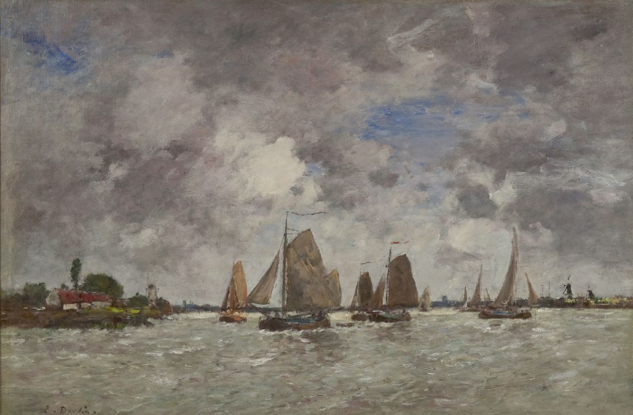 Boudin E.L.  | 'Eugène' Louis Boudin, Sailing ships on the Maas, oil on canvas 49.7 x 74.2 cm, signed l.l.