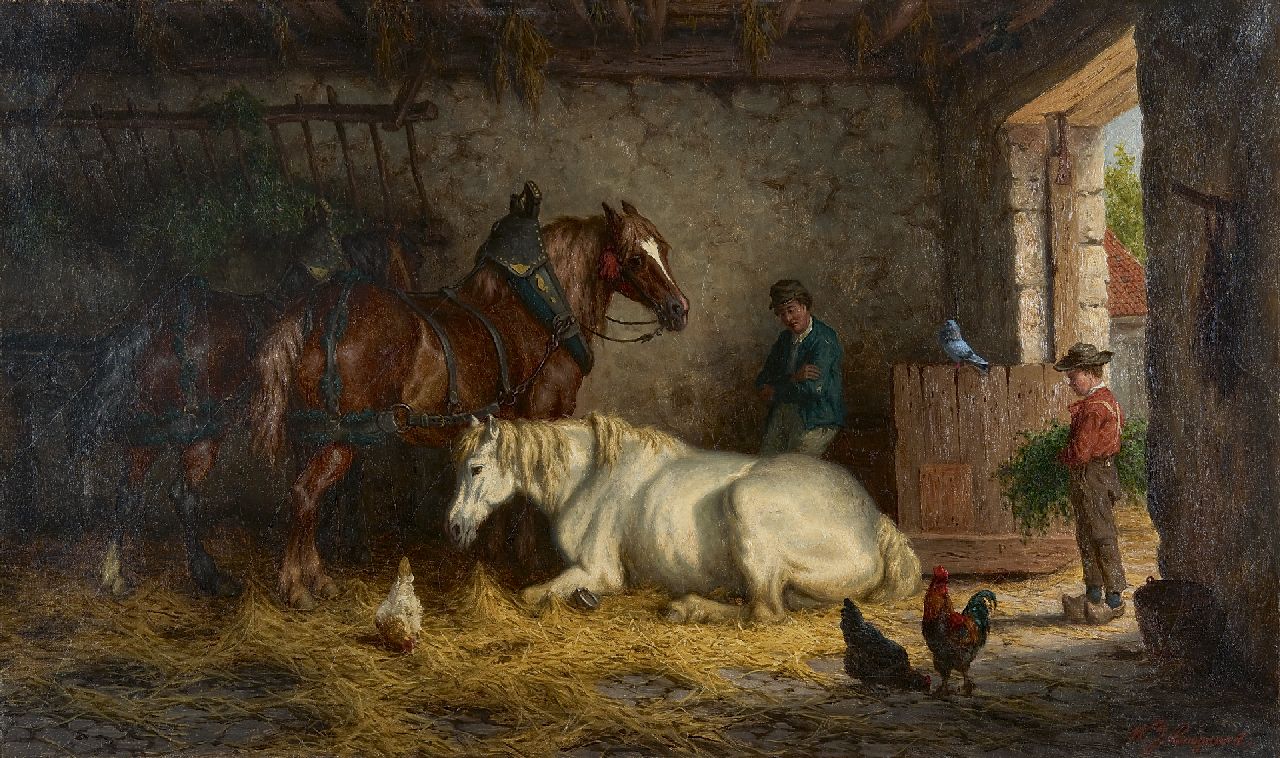 Boogaard W.J.  | Willem Johan Boogaard, A stable interior with three horses, oil on canvas 45.6 x 76.8 cm, signed l.r.