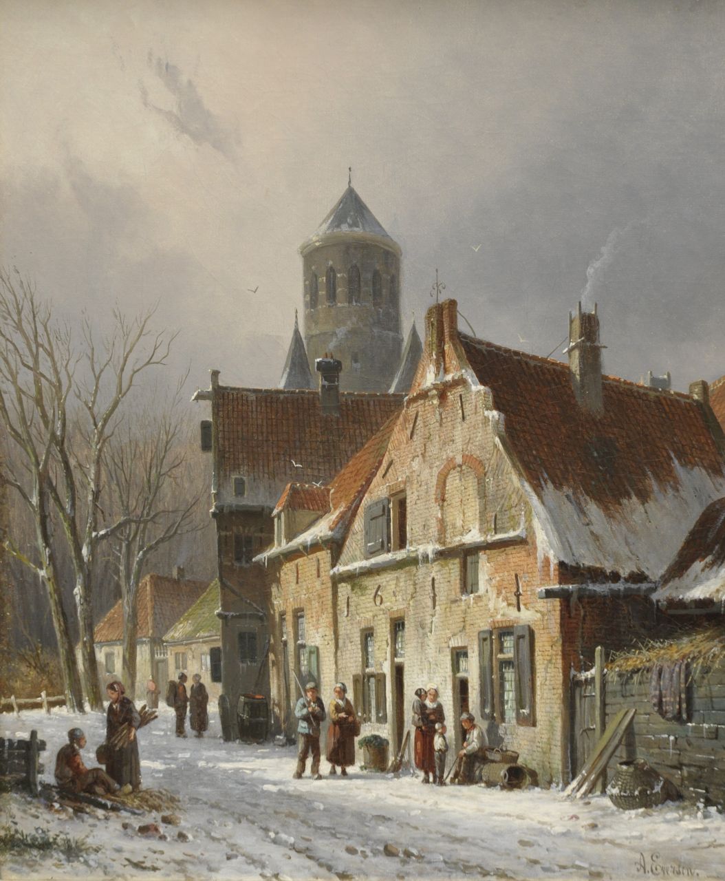 Eversen A.  | Adrianus Eversen, A village street in winter, oil on canvas 44.7 x 36.7 cm, signed l.r.