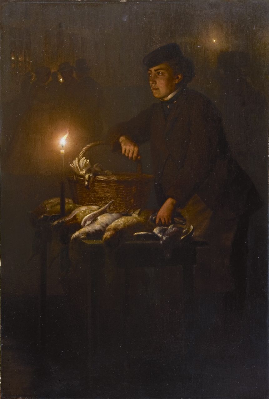 Schendel P. van | Petrus van Schendel, Selling game at the Groenmarkt in The Hague, by night, oil on panel 45.0 x 30.3 cm, signed l.r. and executed ca. 1868