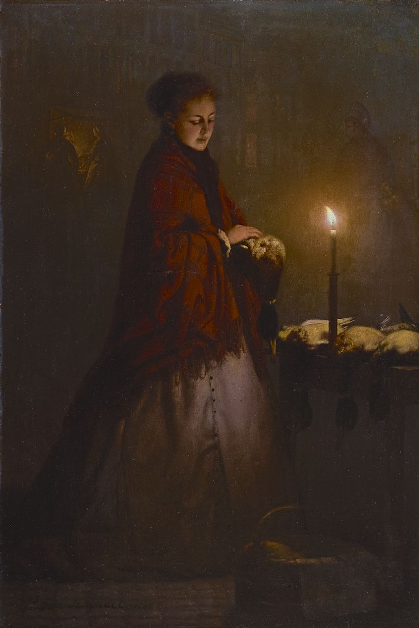 Schendel P. van | Petrus van Schendel, Buying game on the Groenmarkt in The Hague, by night, oil on panel 45.0 x 30.3 cm, signed l.l. and dated 1868