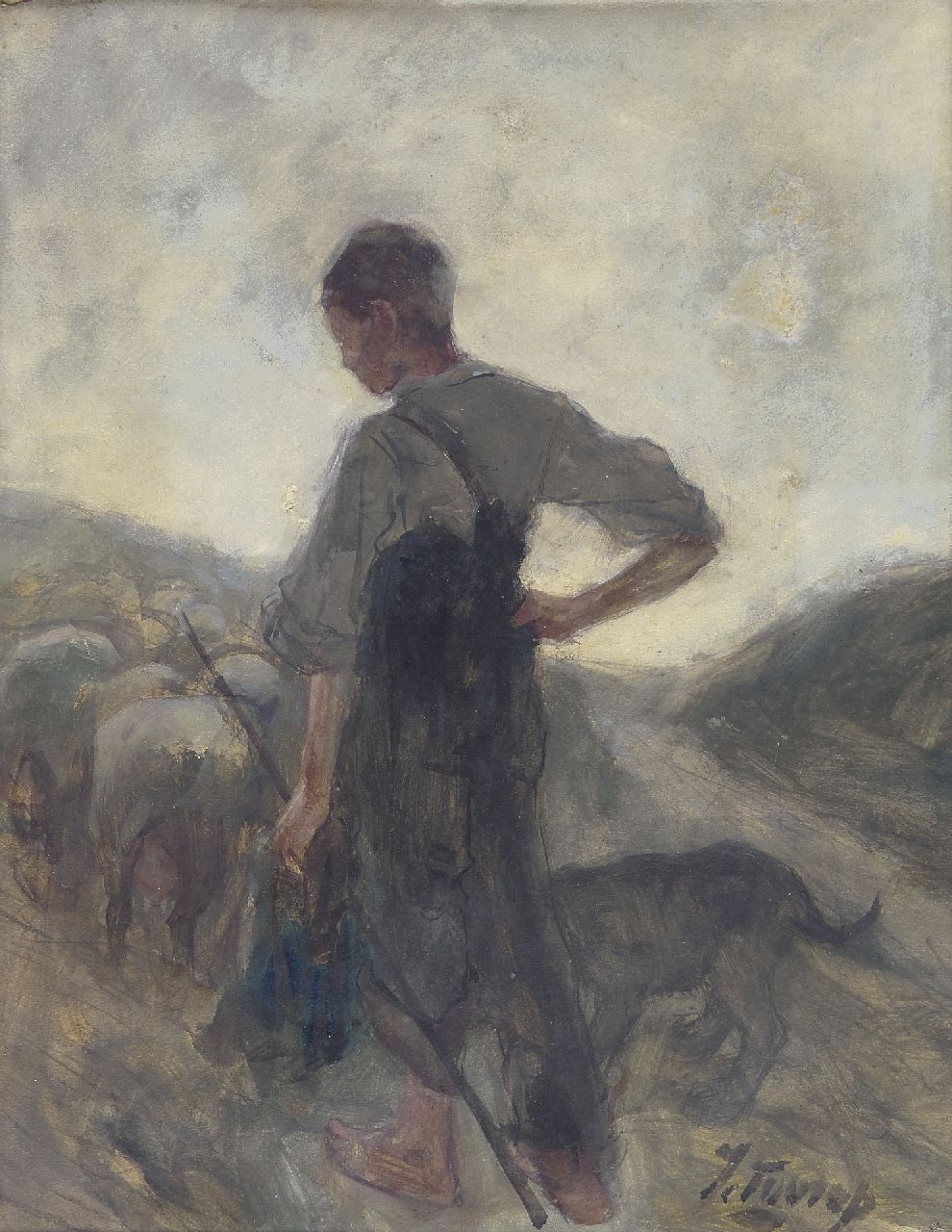 Toorop J.Th.  | Johannes Theodorus 'Jan' Toorop, Shepherd and his flock, watercolour on paper 40.4 x 31.1 cm, signed l.r. and painted ca. 1884