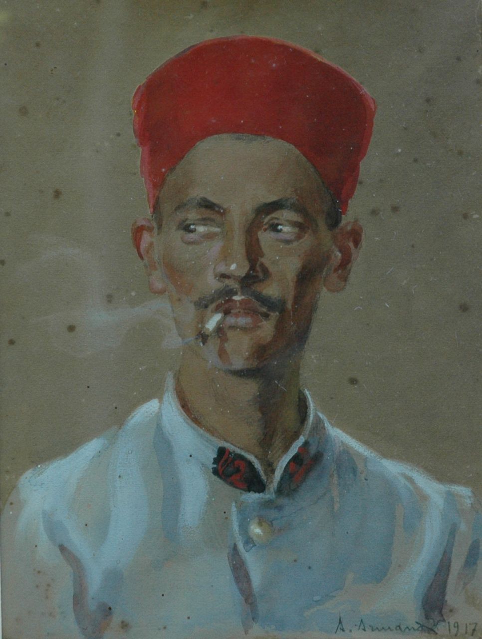 Franse School, 20e eeuw   | Franse School, 20e eeuw, Man with a fez, watercolour on paper 26.3 x 20.0 cm, signed l.r. 'A. Armand' and dated 1917
