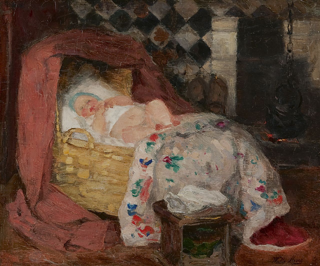 Moes W.W.  | Wilhelmina Walburga 'Wally' Moes, Interior with baby in a crib, oil on canvas 34.7 x 41.3 cm, signed l.r.