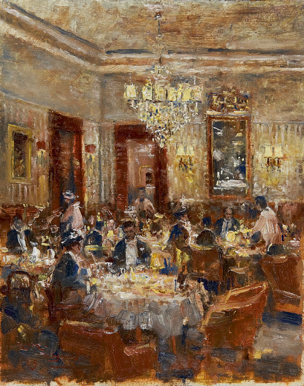 Meyer-Wiegand R.D.  | Rolf Dieter Meyer-Wiegand, A festive evening at the restaurant, oil on panel 30.0 x 23.9 cm, signed l.l.