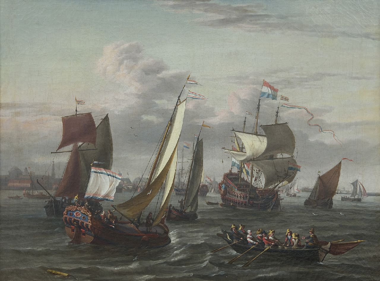 Blaauw J. de | Johannis de Blaauw, Shipping on the IJ near Amsterdam, oil on canvas 48.3 x 64.5 cm