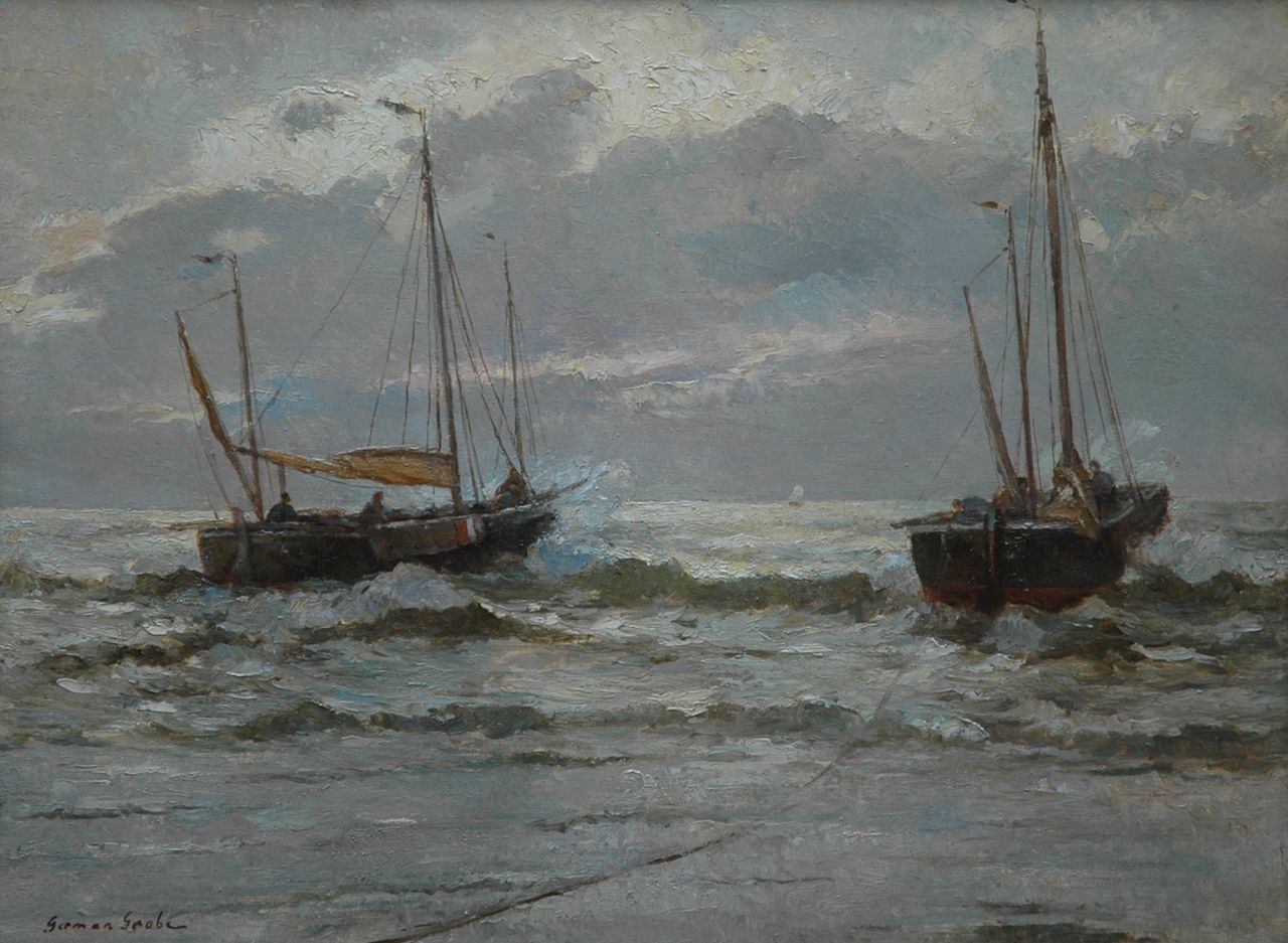 Grobe P.G.  | Philipp 'German' Grobe, Fishing boats setting sail at sunset, oil on canvas 60.0 x 80.3 cm, signed l.l.