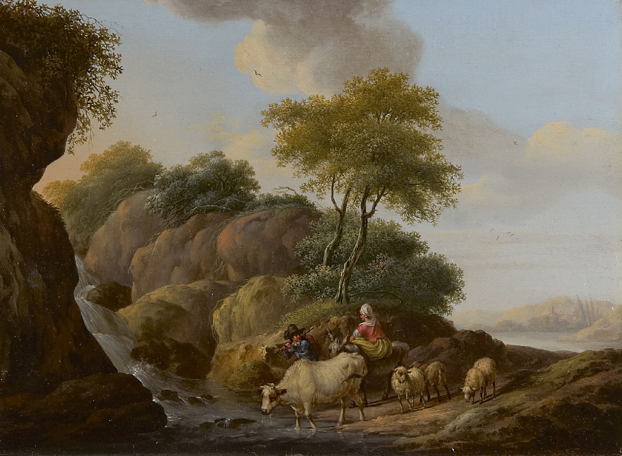 Dongen D. van | Dionys van Dongen, Landscape with shepherds and cattle, oil on panel 22.5 x 30.3 cm, signed l.r. and dated 1779