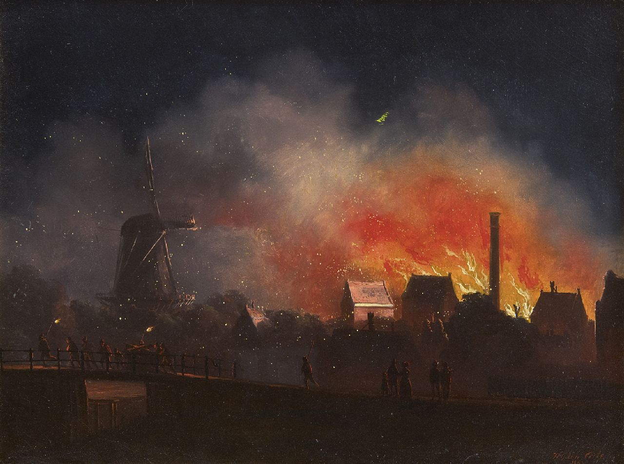 Cate H.G. ten | Hendrik Gerrit ten Cate, Fire at night (possibly the sugar refinery J.H. Rupe & Zn te Amsterdam, 19 October 1845), oil on panel 21.0 x 27.7 cm, signed l.r. and dated 1849
