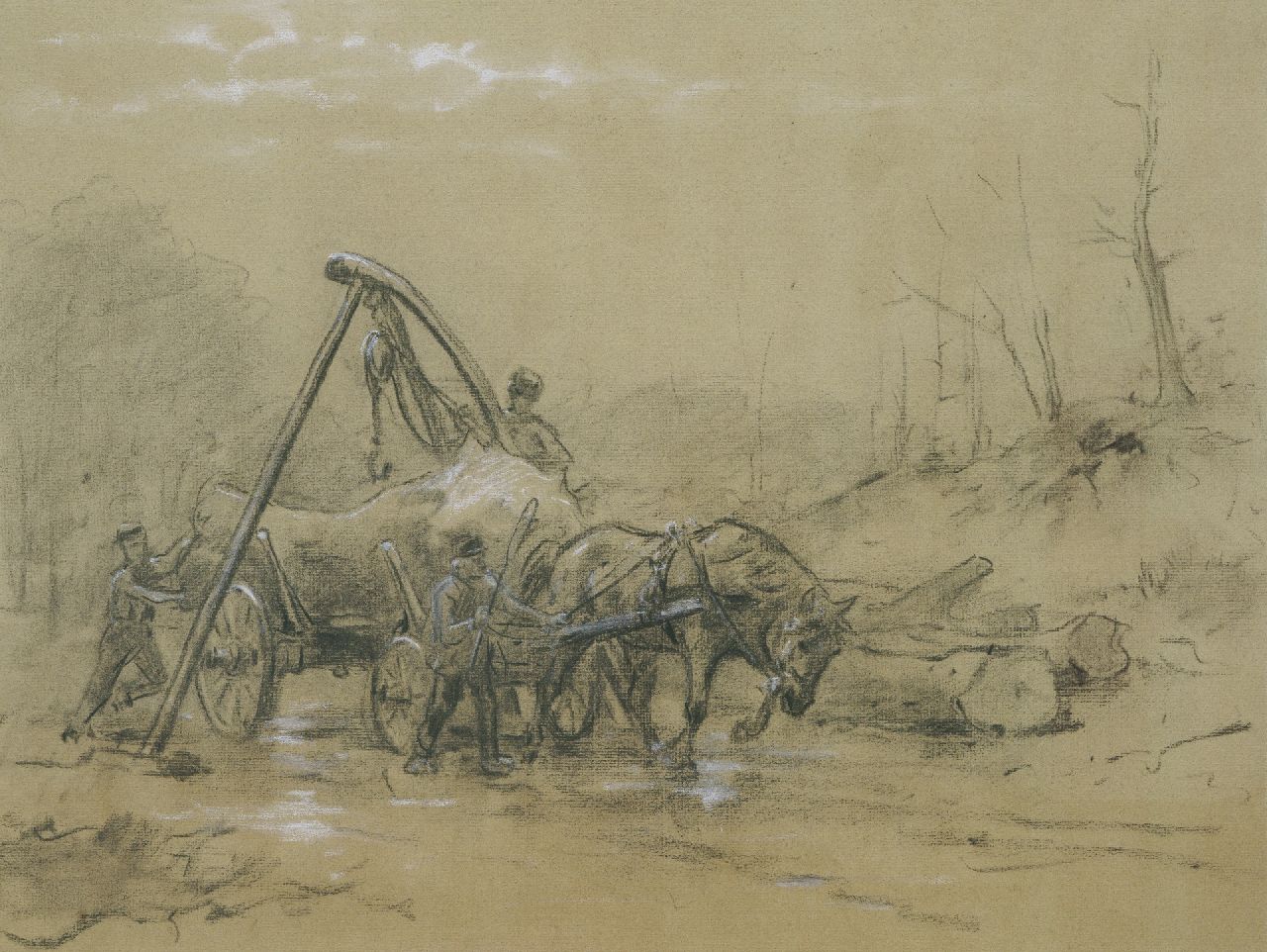 Otto Eerelman | Working with the logging wheels, chalk on paper, 45.0 x 57.1 cm