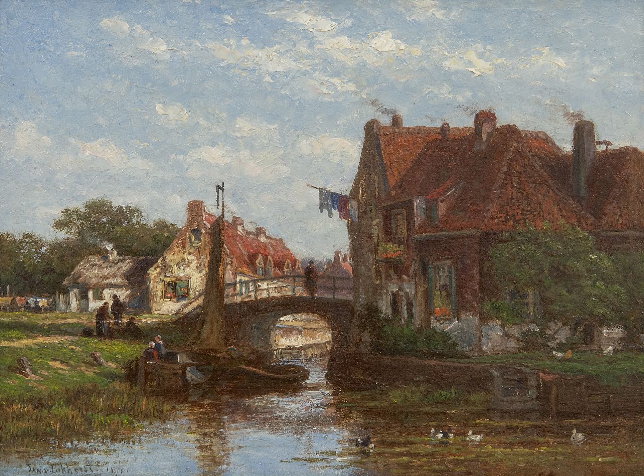 Jan van Lokhorst | A village stream with moored vessels, oil on panel, 17.9 x 23.9 cm, signed l.l. and dated 1870