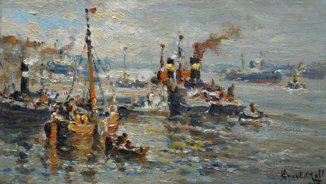 Moll E.  | Evert Moll, A harbour view with tugs, oil on canvas 20.5 x 35.2 cm, signed l.r.